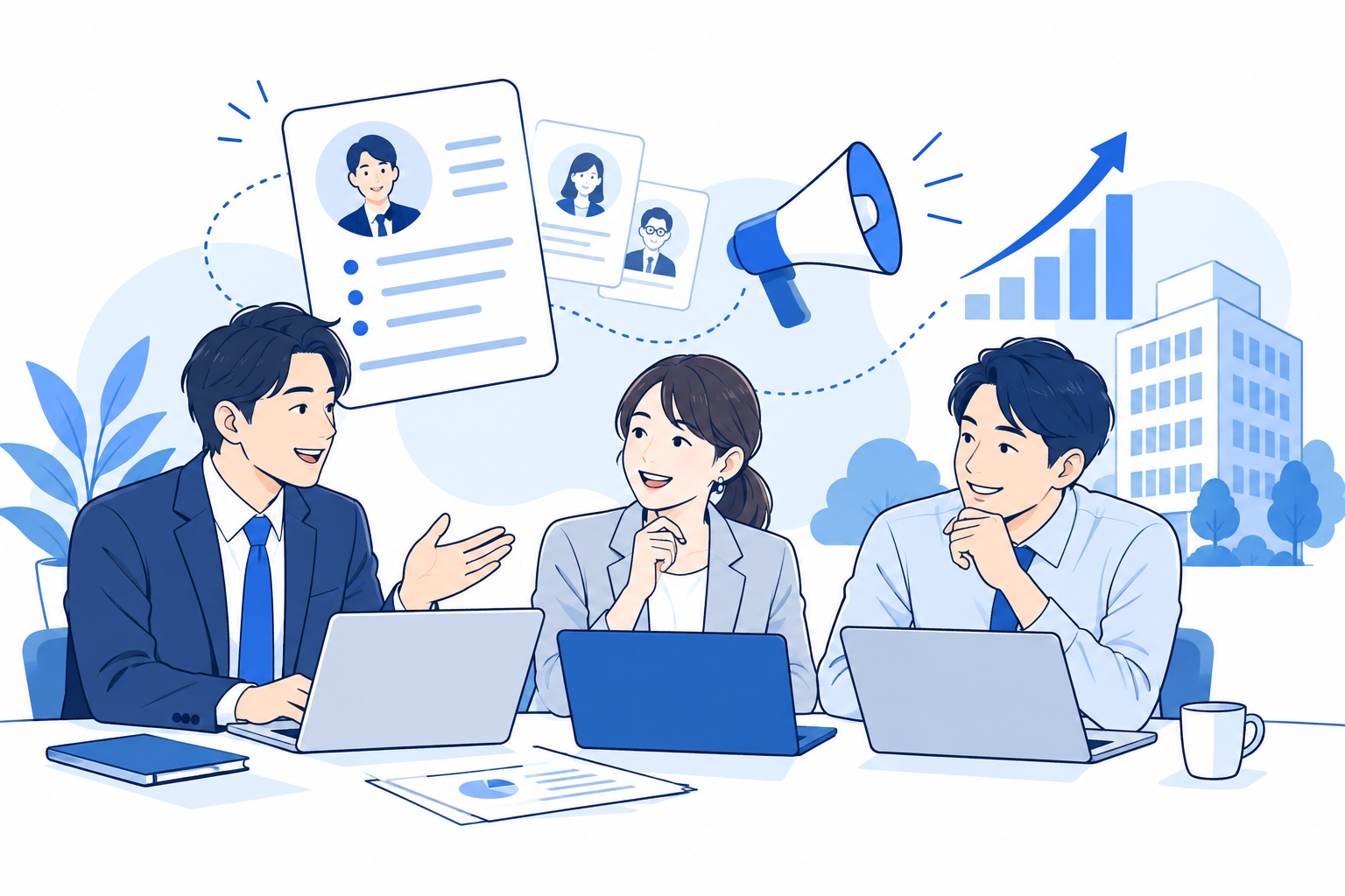 ノートパソコンを囲んで仕事を進める社外のビジネスチーム