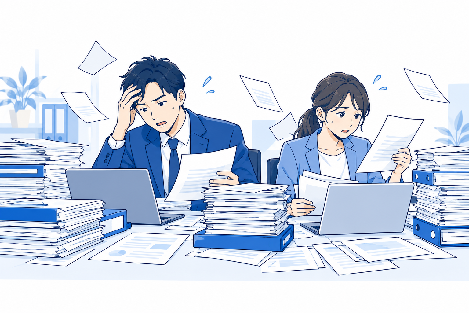 本業と事務作業を抱え、書類に囲まれる社長と社員