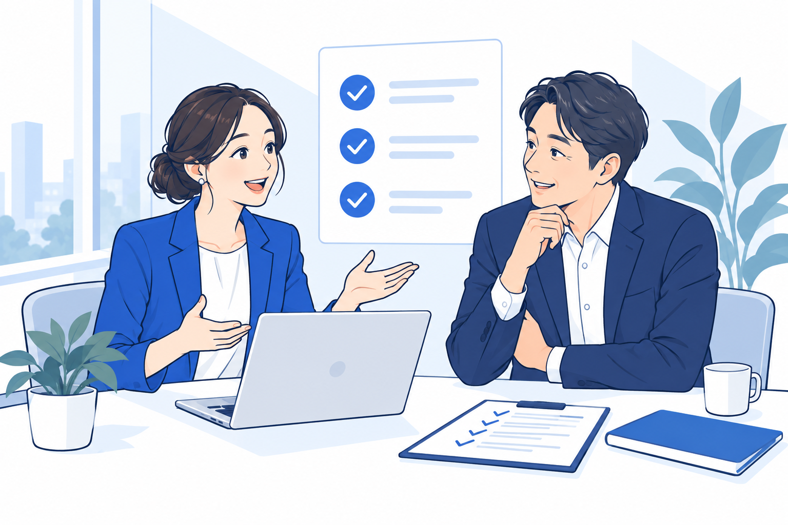 社長の相談を聞きながら、仕事の進め方を一緒に考えるスタッフ